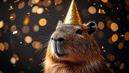 Cute realistic capybara celebrating New Year in a subtle way, calm joyful expression, soft golden sparkles and warm light bokeh, dark elegant background, cinematic lighting, minimalist festive mood, p