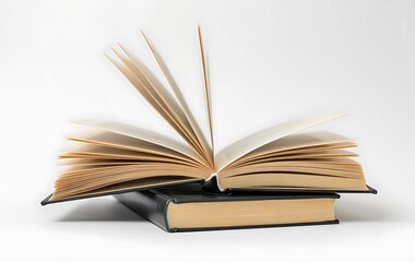An open book resting on top of a closed book isolated on white