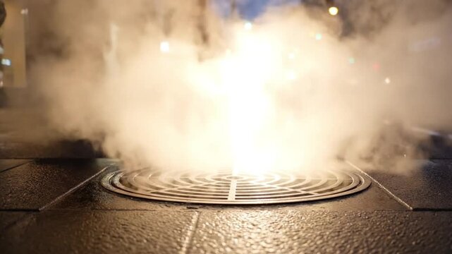 Steam erupting from manhole urban street scene ai generated art nighttime environment dynamic perspective