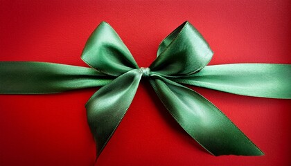 Elegant Green Satin Ribbon Bow On A Rich Red Background Perfect For Festive Celebrations And Gift Giving Occasions