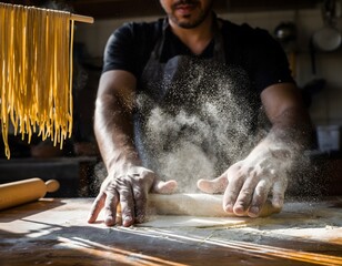 Skilled chef hand-rolls fresh pasta dough on a rustic table, flour in motion, capturing traditional culinary artistry and authentic cuisine
