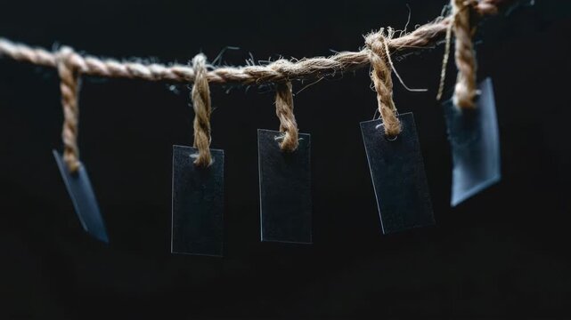 Set of small rectangular paper banners with frayed edges hanging from thick knotted string on dark fabric surface