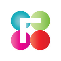 this is a letter logo design of initial F on a four circle round shape in different colors that looks good on a white background