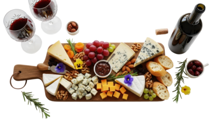 Close up overhead of a cheese board and wine styling on a coffee table for entertaining guests isolated on white background