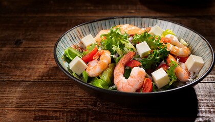 Shrimp Salad With Fresh Vegetables And Cheese Served In A Bowl On A Wooden Surface