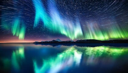 Green Blue Aurora Borealis On Starry Sky Northern Sea Wave Reflection Nature Nebula Cosmic Starry Background