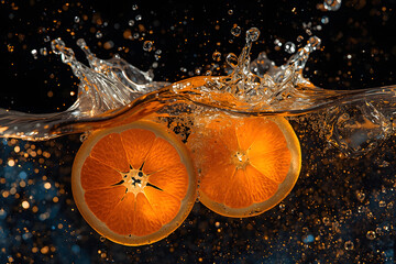 Orange Slices Water Splash with Golden Bubbles on Black