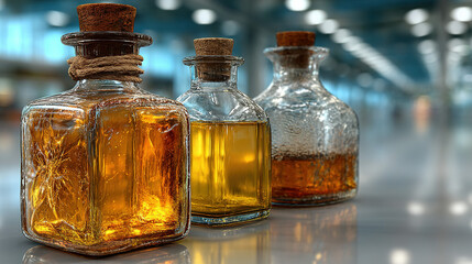 Three vintage glass bottles containing different colored liquids and sealed with cork stoppers.