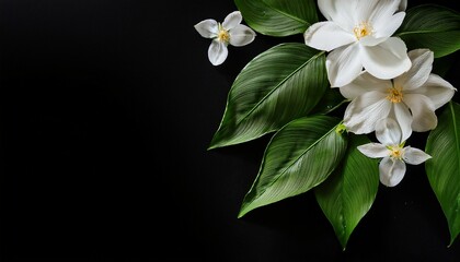 Green Leaves White Flowers And Black Background