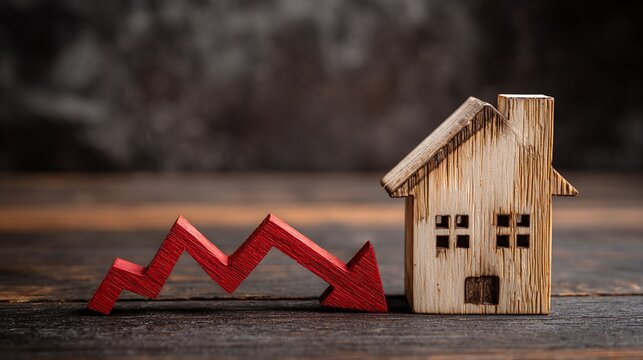 Dramatic Macro Shot of Wooden House Figurine and Red Downward Arrow Symbolizing Real Estate Market Decline