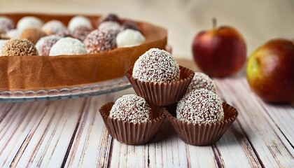 Truffle Candies In White And Brown Sprinkles In Paper Capsules On Glass Stands Apple Pie In The Background