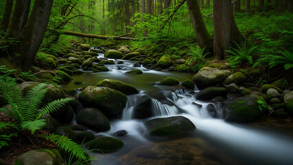 A serene forest stream with mossy rocks and lush greenery creates a peaceful atmosphere, inviting relaxation and connection with nature.