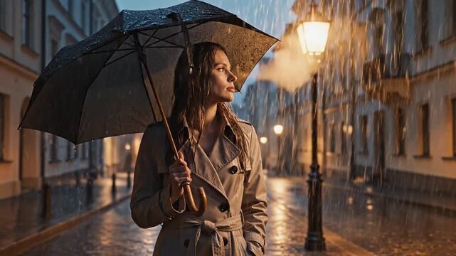 A woman in a trench coat walks down a city street under an umbrella in the rain at night