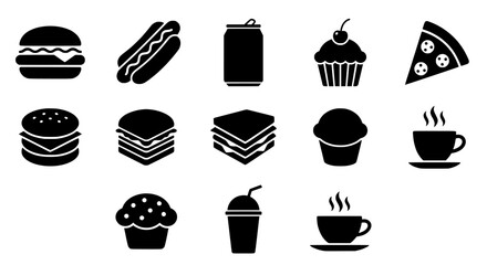 Monochrome silhouette grid of fast-food icons including burgers, hotdogs, pizza, cupcakes and drinks
