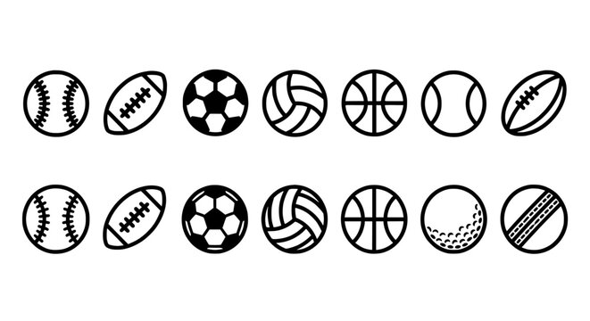 Two-row vector silhouette of assorted sport balls arranged in a clean grid