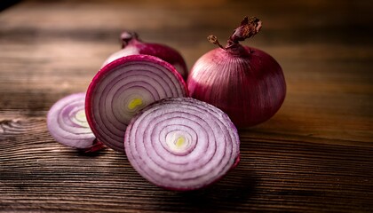 Close Up Of Sliced Red Onion And Whole Red Onion On A Wooden Table Generative Ai