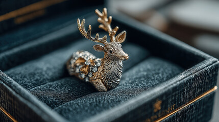 Decorative reindeer jewelry piece inside a black textured box.