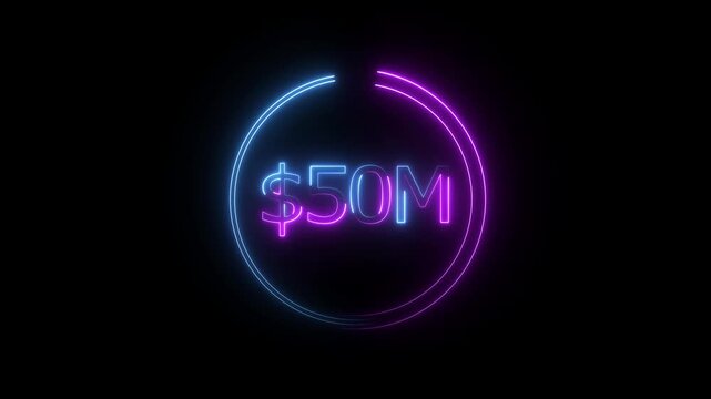 $50 Millions Glowing neon line Letter Icon animation. $50M achievement for business Work, 50M followers and subscribers on black background animation.