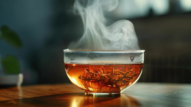 A gongfu cup filled with steaming tea leaves.