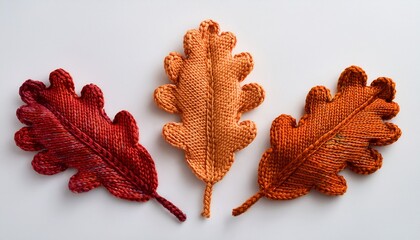 Autumnal Knitted Oak Leaves On A White Background
