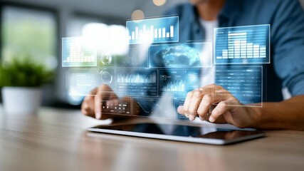 Businessman using futuristic digital interface with virtual data analytics and interactive graphs on a tablet device. Modern technology and innovation drive digital transformation in business - Powered by Adobe