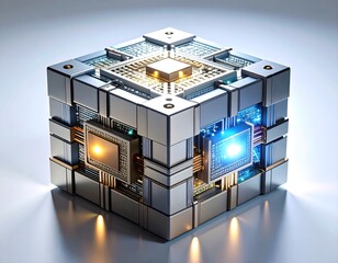 A next-gen modular quantum processor sculpture made of interlocking ceramic-and-anodized-aluminum blocks