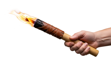 Hand gripping a blazing traditional wooden torch, vibrant flames illuminating a clean white background, symbolizing light, guidance, and ancient power for exploration