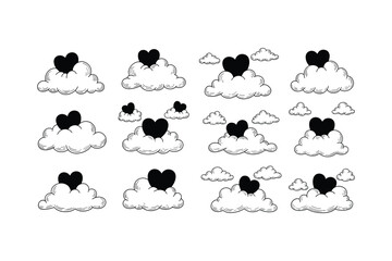 Obraz premium Cute cartoon clouds with black hearts vector set