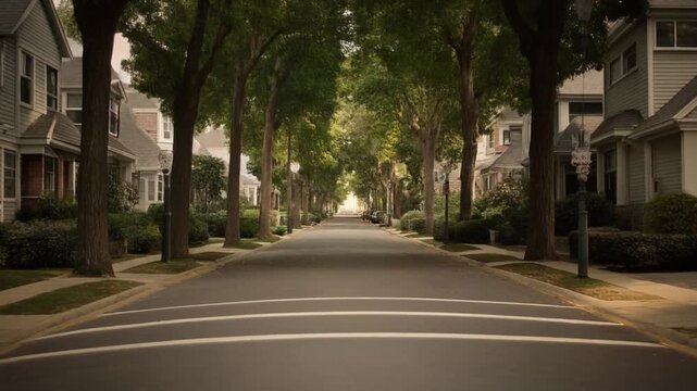 Tree Lined Suburban Street with Houses and Sidewalks.