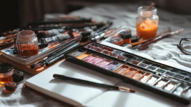 A vibrant watercolor paint set and open sketchbook lie on a sunlit bed, surrounded by art supplies and jars of water. Creative workspace inspires artistic expression and relaxation