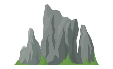 Mountain hill vector illustration showing rocky peaks and green grass with a clear white background