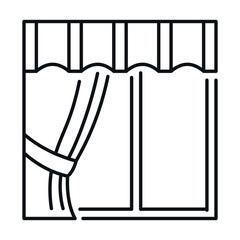 Linear icon of a window with curtains and a decorative top border on a white background