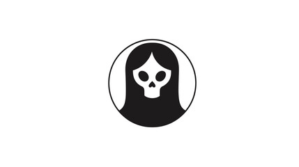 Minimalist black and white skull icon with long hair, representing death, ghost, horror, or a mysterious character emblem.