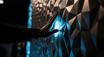 A hand activates a biometric scanner.