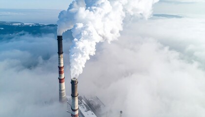 Aerial view of industrial smokestacks releasing large plumes of smoke into a foggy atmosphere