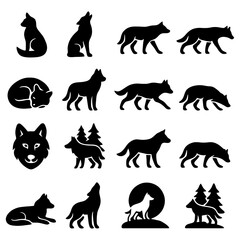 Obraz premium Wolf Silhouette Set: A collection of various stylized wolf silhouettes depicting diverse poses and activities, capturing the essence of the wild animal in clean, simple lines.