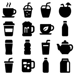 Obraz premium Beverage Icons Silhouette Set: An artistic collection of beverage icons, captured in a monochrome silhouette style, featuring an array of refreshing drinks.