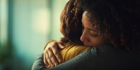 Emotional embrace between friends in an indoor setting captured moment of connection and support