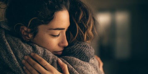 Emotional embrace between friends cozy indoor setting photography warm environment intimate perspective