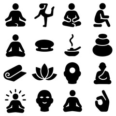 Mindful Moments: A collection of simple black-and-white icons representing diverse meditation, yoga, and mindfulness poses and elements, encouraging inner peace and mental well-being.