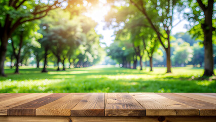Wooden Table in a Serene Park.