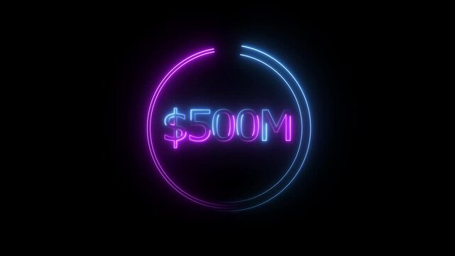 $500 Millions Glowing neon line Letter Icon animation. $500M achievement for business Work, 500M followers and subscribers on black background animation.