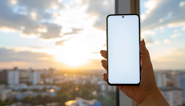 A hand holding a smartphone with a blank screen in front of a blurred cityscape at sunset through a window with a warm and serene mood. - Powered by Adobe