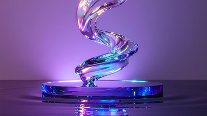 Glass Spiral Sculpture on Reflective Surface.