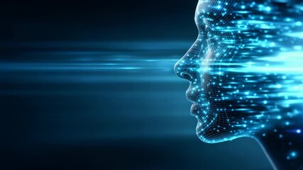 Futuristic digital human face with glowing blue lines and particles symbolizes artificial intelligence and advanced technology. Conceptual image of AI evolution and virtual reality innovation - Powered by Adobe