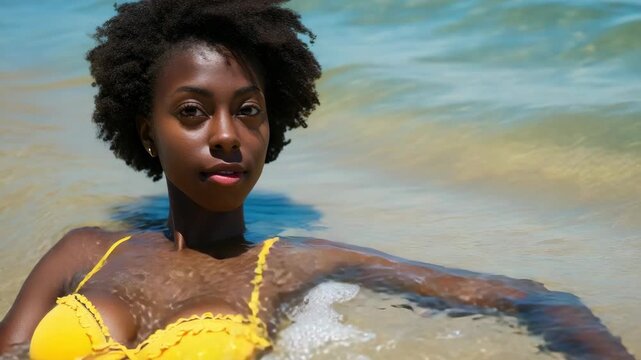 A woman laying down on the beach wearing a yellow bikini, with waves crashing nearby.