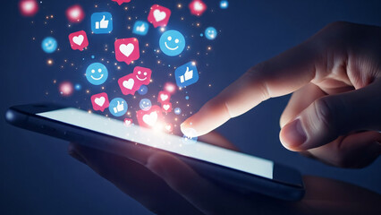 Fingertip touching a glowing smartphone screen, creating a vibrant burst of social media reaction icons representing active online engagement and digital connection in a modern communication world