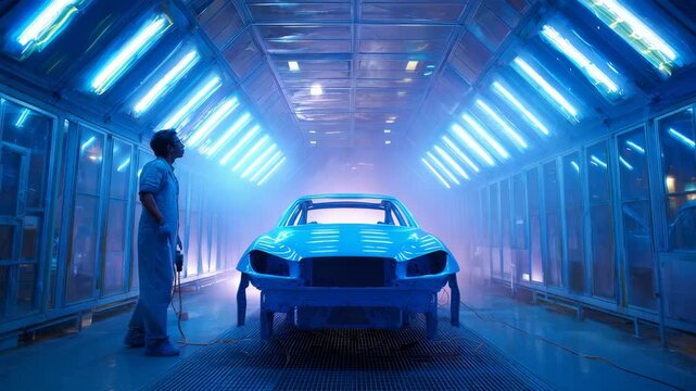 A worker inspects a car body in a modern automotive paint booth illuminated by blue UV lights. The advanced facility showcases cutting edge technology in vehicle manufacturing and finishing