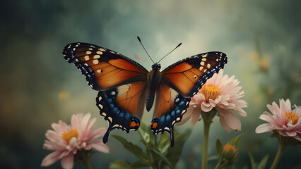 Beautiful monarch butterfly landing on a single yellow flower in a sunny garden. Nature concept