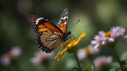 Fototapeta premium Beautiful monarch butterfly landing on a single yellow flower in a sunny garden. Nature concept